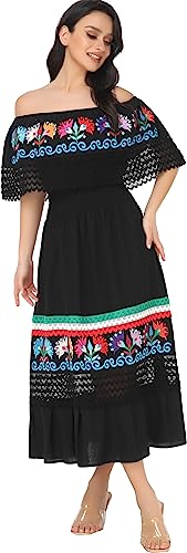 Image of YZXDORWJ Women Embroidered Mexican Peasant Casual Sexy Lace Off-Shoulder Long Dress
