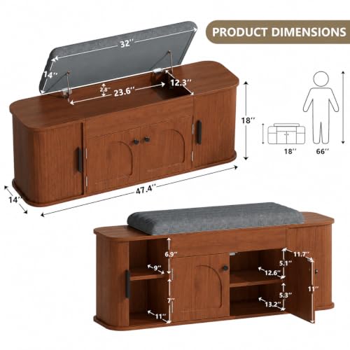 Image of Einhomn 47.2 inch Shoe Storage Bench with Cushion, Sliding Door Entryway Bench with Lift-Top Hidden Storage and Adjustable Shelf, Wooden Shoe Cabinet for Hallway, Bench for Bedroom End of Bed, Walnut