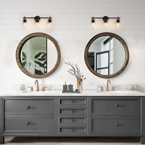 Image of KSANA Black Bathroom Wall Light Fixtures, 3-Light Modern Farmhouse Vanity Light with Clear Glass Shade Over Mirror for Hallway, Kitchen, Bedroom, and Living Room