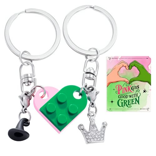 PANMAY Witch Keychain Wiched Party Favors Pink Green Brick Matching Heart Keychains Magic Hat and Crown Charm Keyring with Card Gifts for Movie Fan Birthday