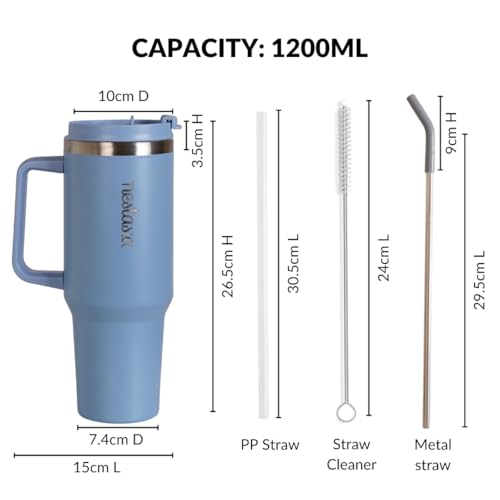 Image of Nestasia GripSip40 Tumbler with Straw & Side Handle 1.2L | Insulated Stainless Steel Sipper Water Bottle for Adults with Dual Flip Opening Sip-Swig Leakproof Lid for Office & Gym (Blue Frost)