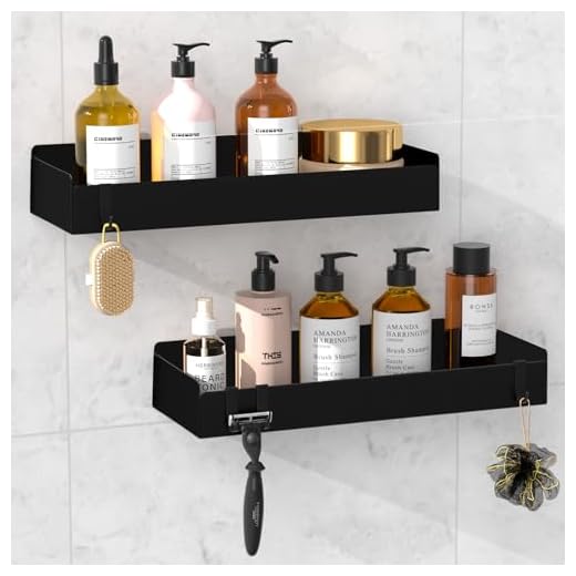 Wisfame Duschablage Ohne Bohren, 2 Stück Rostfreie Badezimmer Organizer, 30cm Duschregal mit 8 Haken, Shampoo Halterung für Dusche, Matt Schwarz Metall Duschkorb