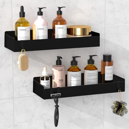 Wisfame Etagere Douche sans Percage Lot de 2, Noir Rangement Douche en Métal, Etagere Salle de Bain avec 8 Crochets, 30CM Panier Douche Auto-adhésif pour...