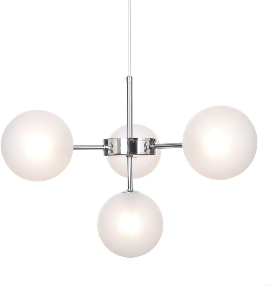 Mid-Century Sputnik Frosted Glass Globe Chandelier-Modern Kitchen Island Ceiling Light Fixture with 4 Led G4 Lights Bulbs- Study Hanging Lighting Flush Mount Light/Chrome