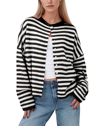 Women Casual Striped Cardigan Button Front Knit Shirt Cover Up Lightweight Summer Beach Fall Open Front Sweater