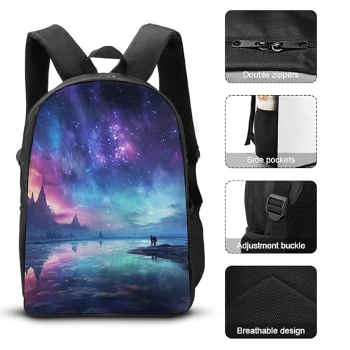 3 Piece Backpack for Women Men Lightweight Causal Daypack Shoulder Bag Set with Insulated Lunch Bag And Pencil Case Organizers Northern Lights3