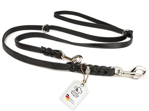 Hundeleine Leder 2m kleine Hunde leicht Fettlederleine [3-Fach Verstellbar] Lederleine geflochten – robuste Leine Hund mit Chrombeschlägen – Führleine Hund & Freihandleine zum Umhängen, Schwarz 10mm
