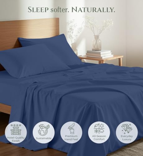 Image of Royale Linens 100% Organic Cotton Full Size Flat Sheet Only - Percale Top Sheets - Full Flat Sheet Sold Separately - Lightweight & Super Soft 100% Cotton Navy Bed Sheets Only (81 inch x 96 inch, Navy)
