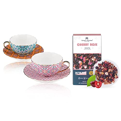 Taimei Teatime Tea Cups And Saucers Set Of 2 (6 Oz) Porcelain Tea Cup Set In Bohemia Style Bundle With Taimei Teatime Cherry Rose Herbal Tea, Organic Fruit Loose Leaf Tea Bags(20 Pics|80G) #TOP8