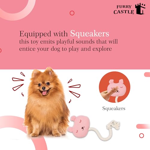 Image of Knitted Bunny Ratle Dog Toy Polyester and Cotton with Thick Cord and Squeakers - Pink