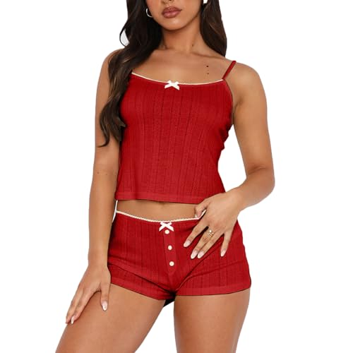 Image of Women's Two Piece Outfit Lace Trim Top and Shorts Set 2 Piece Lounge Sets Ladies PJs Summer Clothes