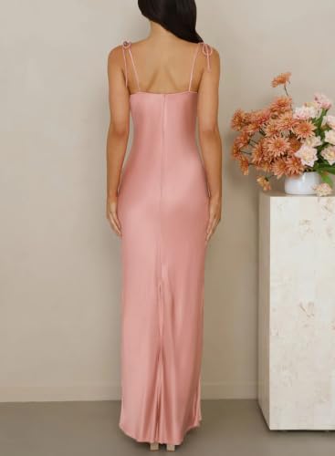 Image of 2026 Satin Cowl Neck Spaghetti Strap Maxi Dress for Women Bridesmaid | Silk,Tie Strap,Slip,Slit,Midi,Wedding Guest,Graduation,Elegant,Cocktail,Vacation,Party