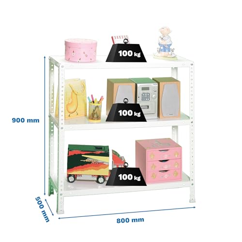 Simon Rack Schwerlastregal, 900x800x500 mm, Bis 100 kg Belastbar, 3 Verstellbare Ablagen, Kellerregal, Lagerregal, Weiss- Comfort, Weiß