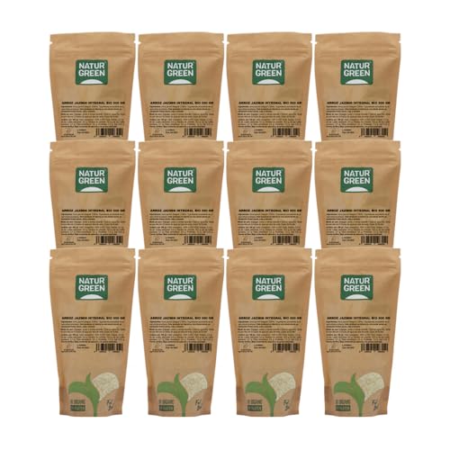 NaturGreen - Arroz Jazmín Integral Bio, Pack 12 x 500 g, Arroz Ecológico de Grano Largo, Aroma Natural, Fuente de Fibra, Bajo en Grasa y sin Gluten, Apto para Veganos