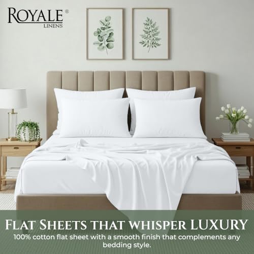 Image of Royale Linens 100% Organic Cotton King Size Flat Sheet Only - Percale Top Sheets - King Flat Sheet Sold Separately - Lightweight & Super Soft 100% Cotton White Bed Sheets Only (105 inch x 102 inch, White)