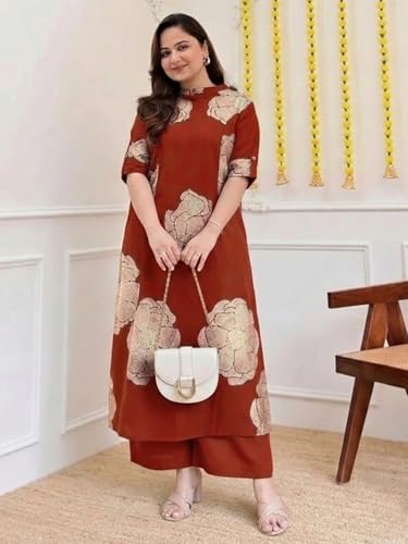Image of ANNI Designer Women Viscose Blend Straight Fit Printed Kurta Palazzo Set | Mandarin Neck Outfit | Lightweight Breathable Fabric | Comfortable Elegant Styling for Office Casual Wear