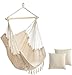 Fotel wiszący z 2 poduszkami, fotel wiszący dla kobiet, dzieci i dorosłych, do 150 kg, huśtawka wisząca XXL z makramą, do użytku wewnątrz i na zewnątrz, na balkon, do ogrodu, mieszkania i pokoju dziecięcego, beżowy