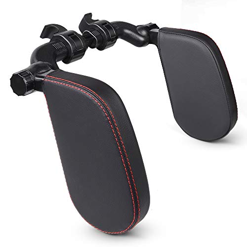 Easy Eagle Autositz Kopfstütze, Leder Seitliches Kissen für Kinder und Erwachsene, Schwarz (S Größe, Rote Nähte)
