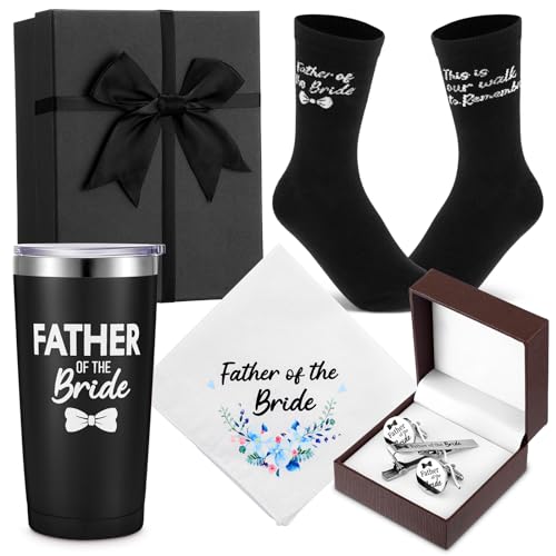 Domensi Father of the Bride Gift Set Include Insulated Coffee Tumbler Wedding Handkerchief Bride Socks Cufflinks and Tie Clip Funny Wedding Gifts for Father Men Engagement Announcement Accessory