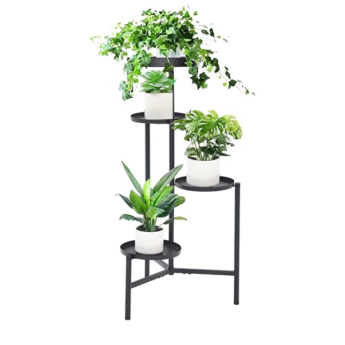 HUSFITLY Plant Stand, 4 Tier Metal Plant Stands Indoor Outdoor, Tall Flower Stand Plant Shelf for Garden Balcony Yard Living Room, Black