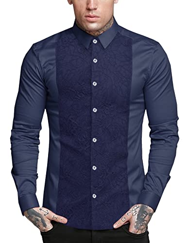 Daupanzees Mens Regular Fit Long Sleeve Elegant Lace Prom Performing Shirts Tuxedo Dress Shirts Navy Blue #TOP23