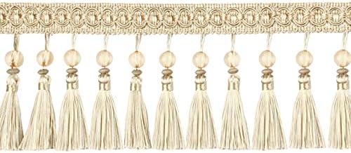 Fenghuangwu 6.5 Yard Handmade Beaded Hanging Tassel Pendant Fringe Trim Fabric Ribbon Trimming, 8Cm/3.15Inch Diameter Hand Knitting Tassel Fringing Trimmings for Decor, DIY… (Gold, Bead Tassel)