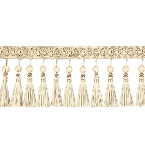 Fenghuangwu 6.5 Yard Handmade Beaded Hanging Tassel Pendant Fringe Trim Fabric Ribbon Trimming, 8Cm/3.15Inch Diameter Hand Knitting Tassel Fringing Trimmings For Decor, Diy… (Gold, Bead Tassel) #TOP27