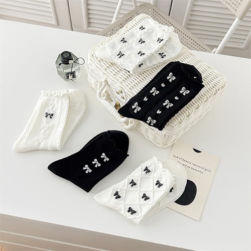 Image of Starella Women's Ruffle Frilly Socks Coquette Bow Scalloped Lace Preppy Dress Sock 5 Pairs Black White