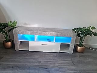 KOSY KOALA Modern stone grey LED TV Cabinets, 120CM TV Unit Cabinet Stand Matt Body High Gloss Door With RGB Led Lights Storage For Living Room (Stone grey/White)