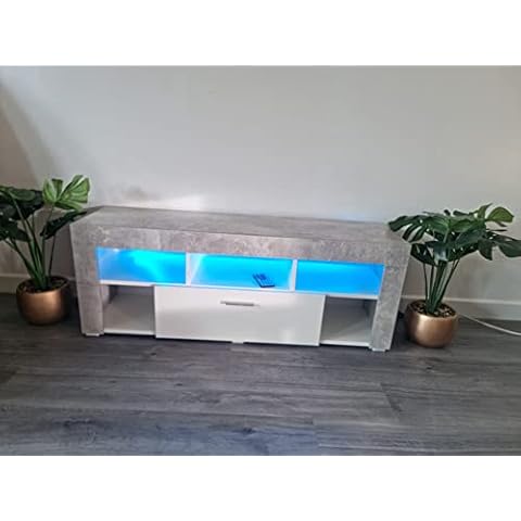 KOSY KOALA Modern stone grey LED TV Cabinets, 120CM TV Unit Cabinet Stand Matt Body High Gloss Door With RGB Led Lights Storage For Living Room (Stone grey/White) Cover