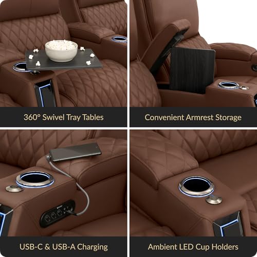 Image of Seatcraft Apex Tobacco Italian Leather Home Theater Seating, Zero Gravity Power Recliner Chair, Powered Headrest and Lumbar Gaming and Lounge Sofa Furniture for Cinema Room, Row of 2 Loveseats