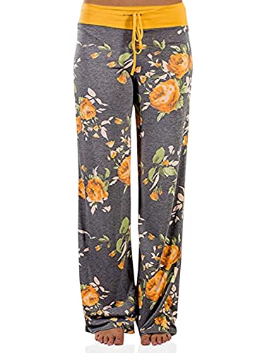 Rosa Junio Women's Comfy Pyjamas Casual Drawstring Floral Palazzo Lounge Stretch Wide Leg Pants, Dark Grey #2, 3X-Large #TOP3