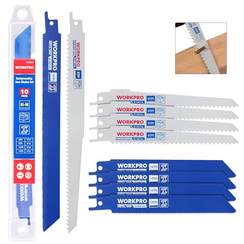 Image of WORKPRO 10-Piece Reciprocating Saw Blade Set, BIM Saw Blades for Metal /Nailed Wood Cutting, Organizer Case Included