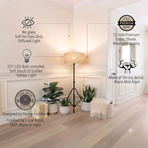Image of THE GRANDEUR Floor Lamp for Living Room Decoration, Decorative Metal Floor Lamp Standing Home Decoration Floor Jute Lamp Shade Reading for Bedroom, Office, Home Decor, Kitchen