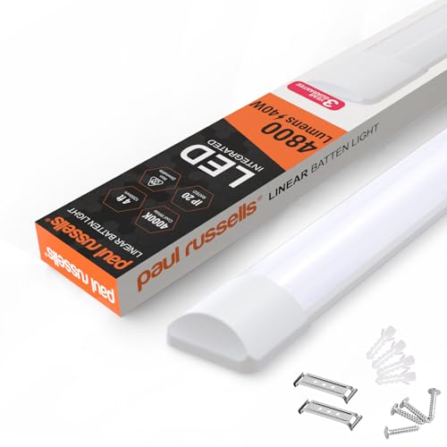 paul russells 4ft LED Batten, Ceiling Fitting Tube Light, 4000K Cool White, 40W, 4800 Lumens, Light for Office, Bathroom, Kitchen, Garage, Warehouse Fluorescent Lighting Replacement, 1 Pack