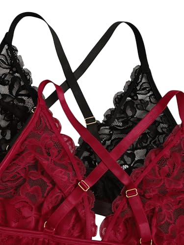 Image of MakeMeChic Women's Plus Size Lace Bralette Front Closure Bras Wireless Deep V Triangle Sexy Lace Bra