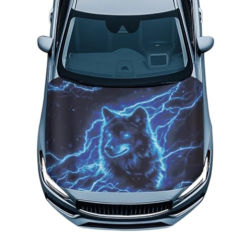 Gongbawa Blue Lightning Wolf Universal Car Hood Cover Starry Sky Print, Stretch Polyester Protector, Weatherproof Paint Shield, Easy Install Decor for Sedan SUV Pickup Trucks