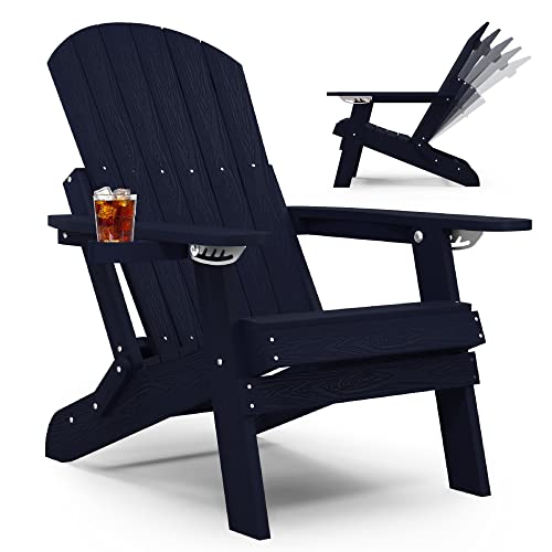 Yefu Adirondack Chair Adjustable Back, Folding Adirondack Chair With Cup Holder, Outdoor Fire Pit Chair, Hips All Weather For Patio Lawn Outside Garden Pool, 380Lbs (Dark Navy) #TOP8