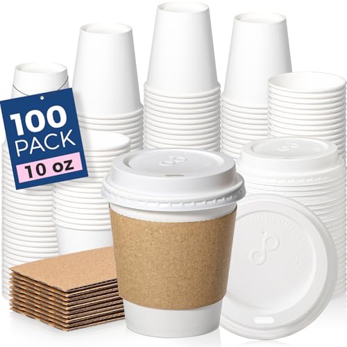 Fit Meal Prep 100 Pack 10 oz Disposable Coffee Cups with Lids, Sleeves, Leak-Proof To Go Coffee Cups with Lids, Durable Hot Paper Cups for Home, Office, Party, Business