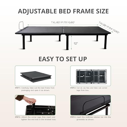 Image of Full Size Adjustable Bed Base Frame and 12 inch Green Tea Memory Foam Mattress, Electric Bed Base Wireless Remote, Zero Gravity Bed, Head and Foot Incline, Anti-Snore,Easy Assembly