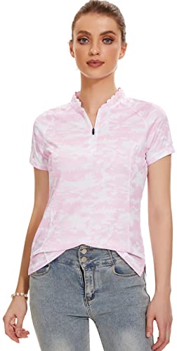 Women's Short Sleeve Golf Polo Shirts, Zipper Collar Shirt, Slim Fit Lightweight Tennis Tops With Quick Dry, Mositure Wicking, Stretcy (Pink Camouflage,Medium,M) #TOP2