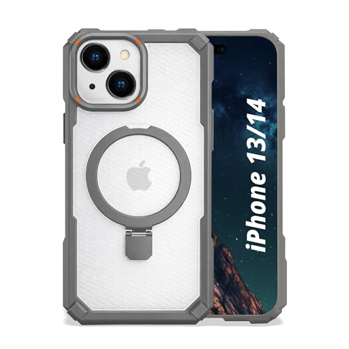 Image of AIBEX Transparent Back Cover Compatible for iPhone 13 /14| Mag-Saf Magnetic Ring Kickstand | Shockproof Dual Layer Military Grade Drop Protection Armor Case| Wireless Charging Support - Grey