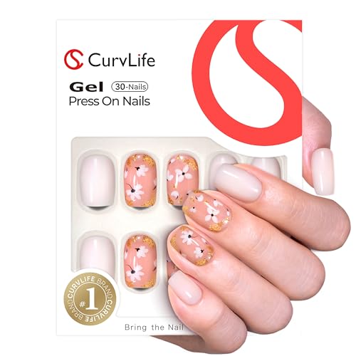 CurvLife Short Square Floral Press On Nails, Flower Nude, Soft Gel