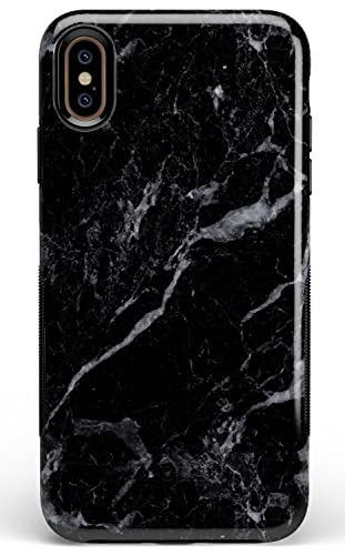 Coque iPhone XS Max marbre noir avec découpes précises et rebord surélevé de protection
