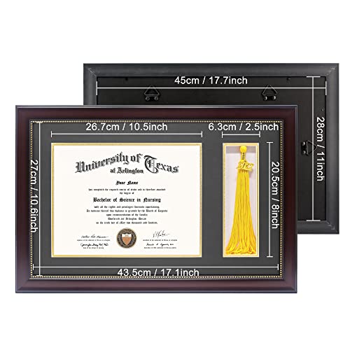 Graduationmall 11X17 Mahogany Diploma Frame With Tassel Holder For 8.5X11 Certificate Document,Real Glass, Black Over Gold Mat #TOP2