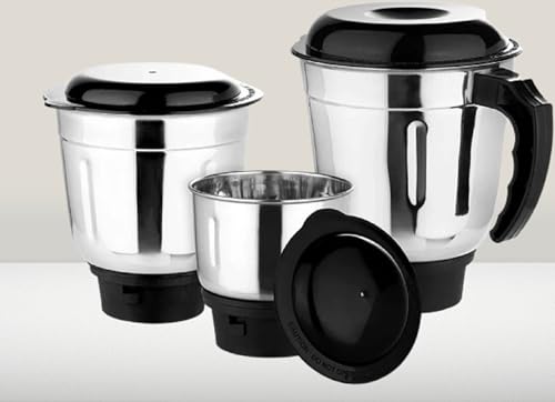 Image of Universal Mixer Grinder Jar Set - 3 High-Grade Stainless Steel Mixie Jars for Dosa Batter, Chutney & Masala Grinding, Durable Replacement Jars for Home Kitchen, Silver & Black