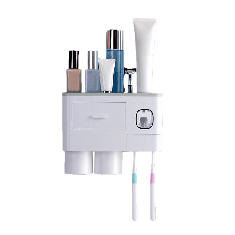 Cocoarm Portaspazzolino da Parete, Portaspazzolino Magnetico in Plastica con Dispenser per Dentifricio, Portaoggetti a Cassetto, Tazze Capovolte per Bancone del Bagno e Uso Familiare (2 tazze grigio