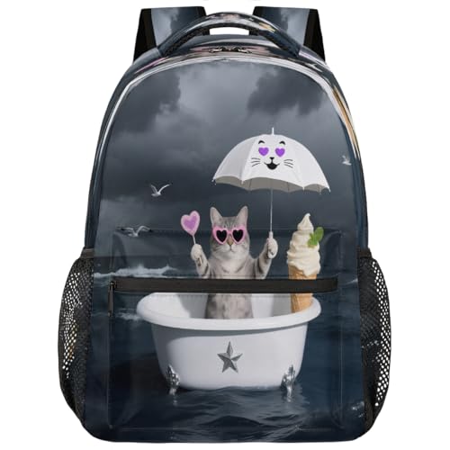 Mochila escolar de viaje para laptop de estudiantes adolescentes Fun Cat Ocean
