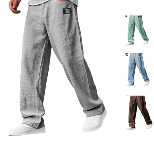 Mokaloha Mens Pants, Men's Casual Hemp Fabric Embroidered Logo Drawstring Loose Elastic Waist Pocket Trousers, Casual Hemp2