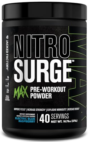Jacked Factory Nitrosurge Max High Performance Pre Workout Powder - Pre Workout w/Nootropic Ingredients for Intense Focus, Pumps, Smooth Energy, Endurance - 40 Servings, Electric Blue Raspberry